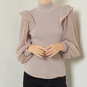 Entro Mock Neck Top With Metallic Detailed Sleeves